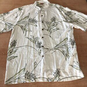 Hilo Hattie 100% Silk Hawaiian Shirt Men 2XL Green Floral Button Up Pocket 16911